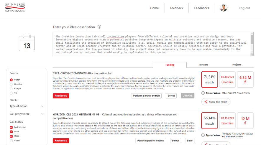 New UI for Spinbase, EU funding and partner search engine